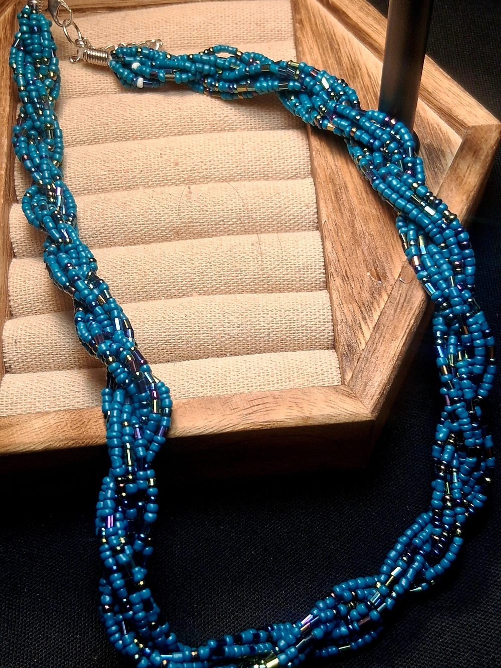 Handmade Twisted Blue Seed Bead Necklace 16"